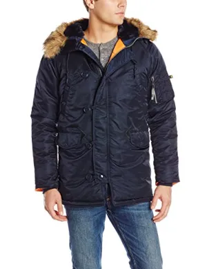 Alpha Industries Men's N-3B Slim-Fit Parka Jacket with Removable Faux-Fur Hood Trim, Replica Blue, Medium