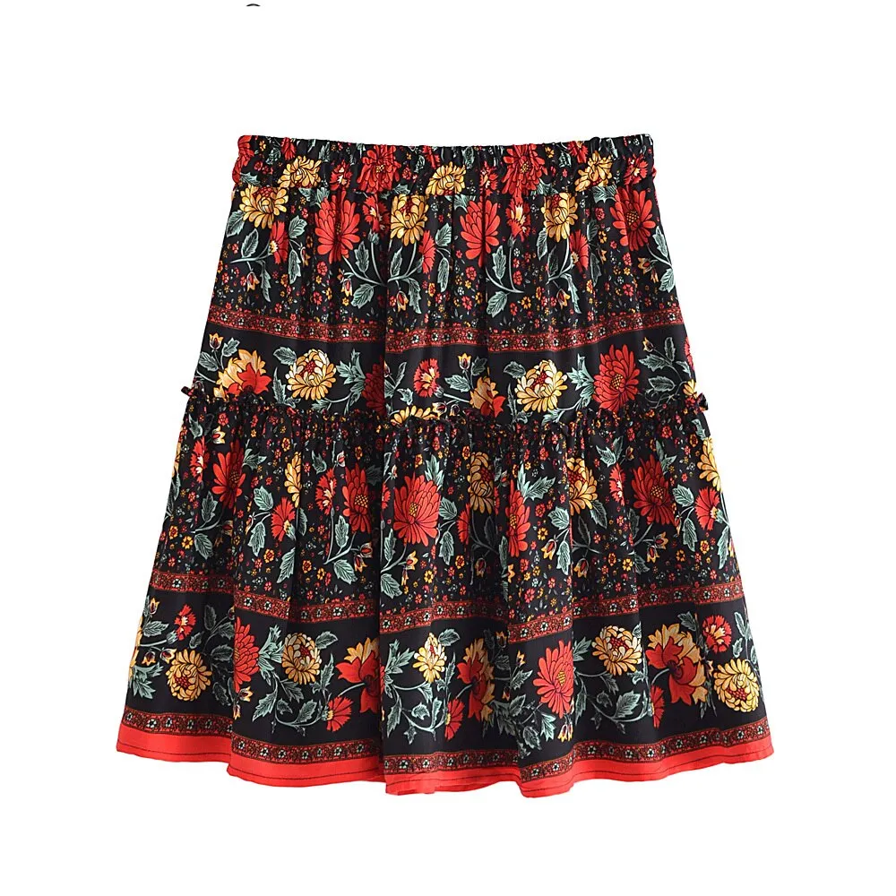Ashore Shop Women Vintage Summer Ruffles Pleated Bohemian Skirt  Elegant Floral Printed Rayon Lady Boho Mini Skirts