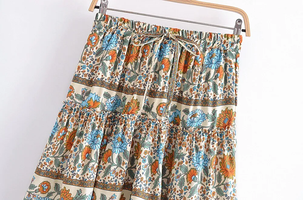 Ashore Shop Women Vintage Summer Ruffles Pleated Bohemian Skirt  Elegant Floral Printed Rayon Lady Boho Mini Skirts