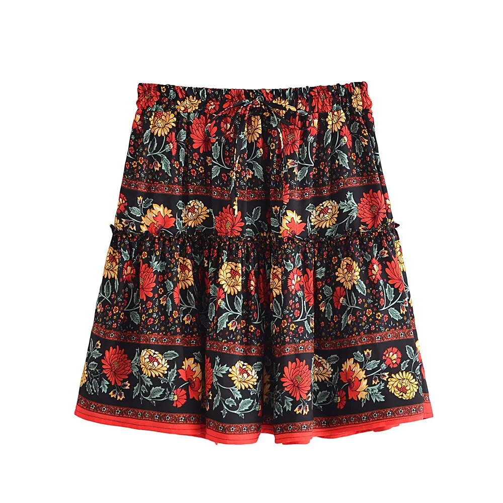 Ashore Shop Women Vintage Summer Ruffles Pleated Bohemian Skirt  Elegant Floral Printed Rayon Lady Boho Mini Skirts