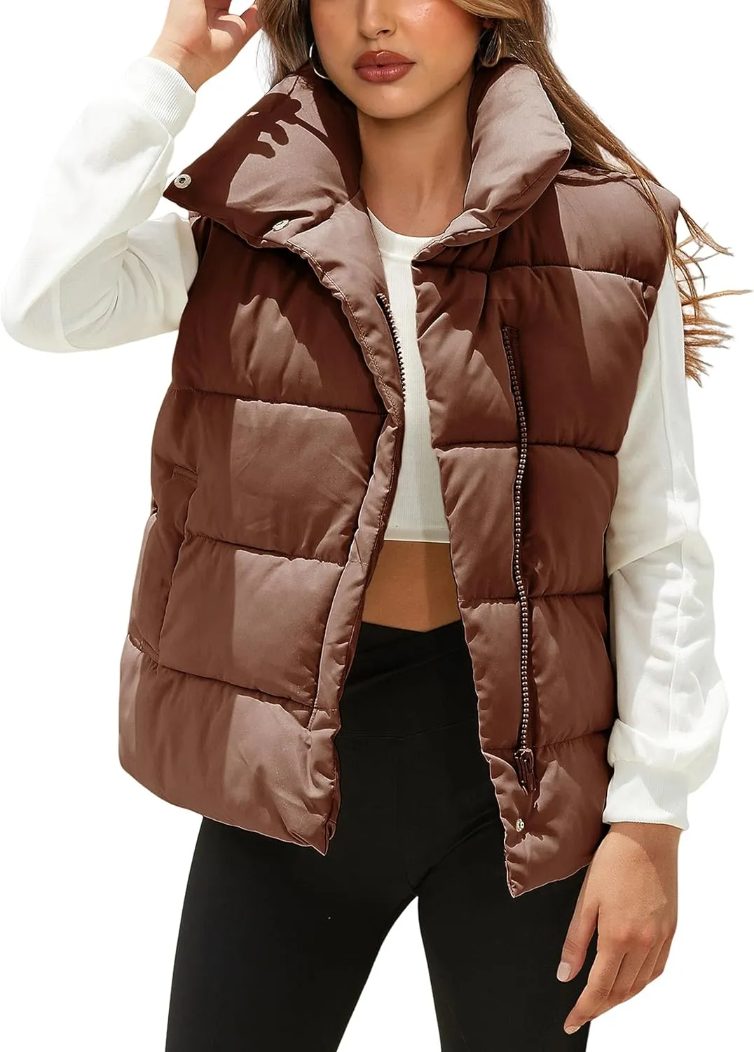 Athlisan Puffer Vest Women Zip Up Stand Collar Sleeveless Padded Gilet Jacket