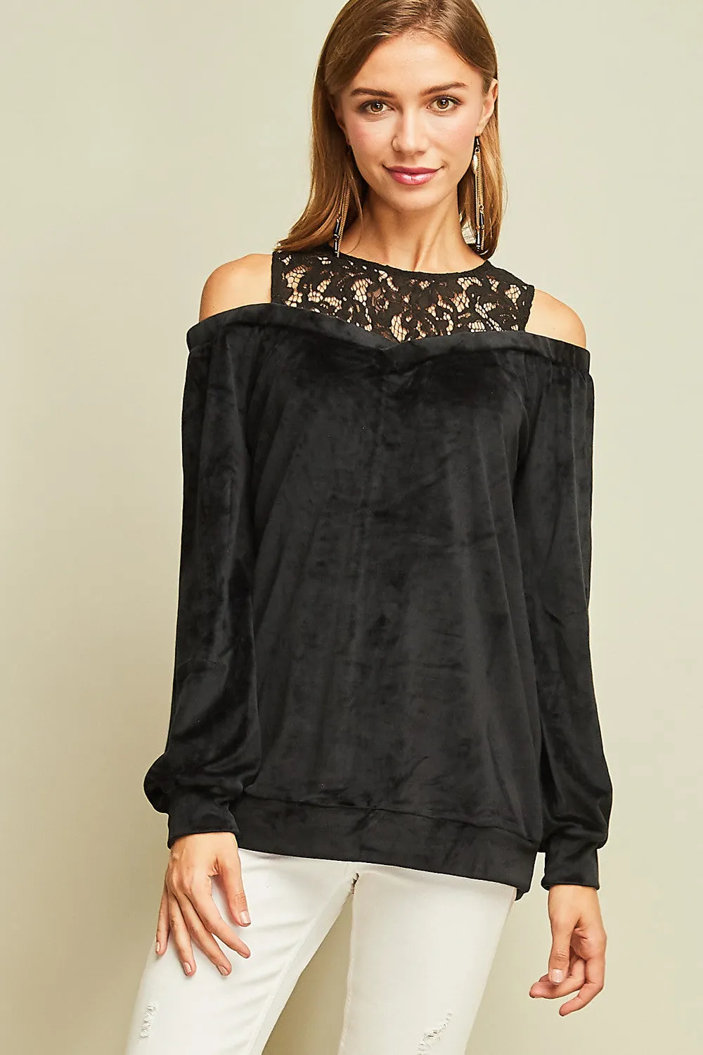 Black Velvet and Lace Cold Shoulder Top