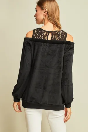 Black Velvet and Lace Cold Shoulder Top