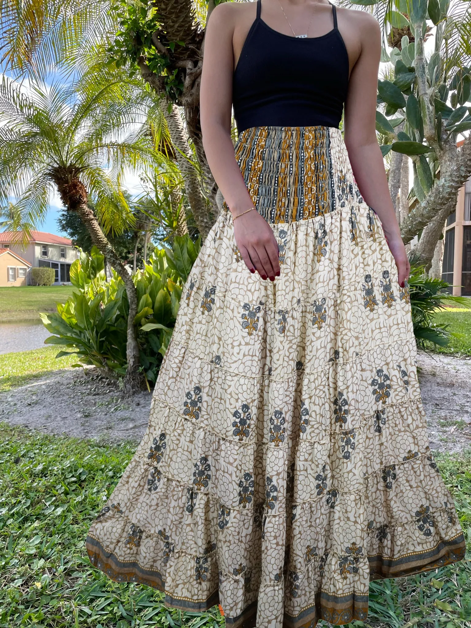 Boho Skirt Beige Floral Maxi Skirt Stylish Boho Skirt Dress S/M