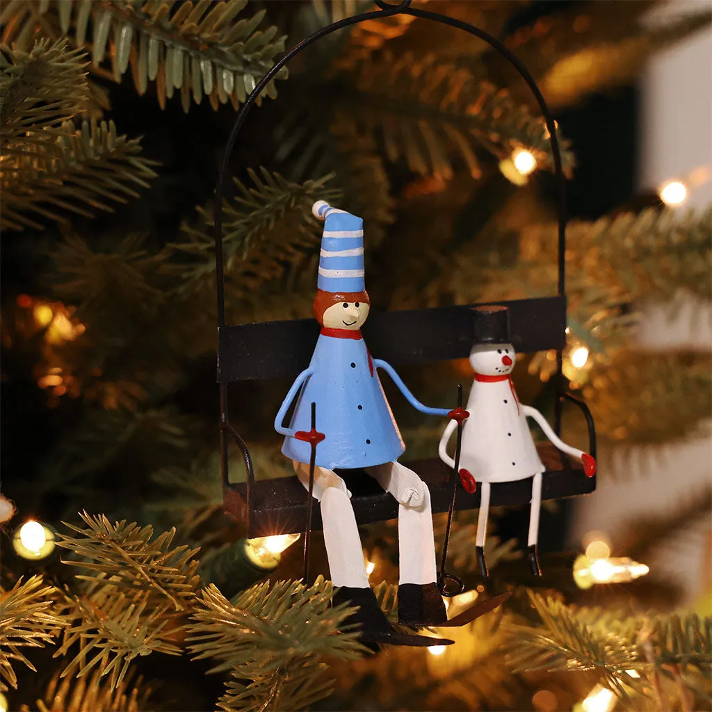 Boy & Snowman On Chair Lift Christmas Ornament