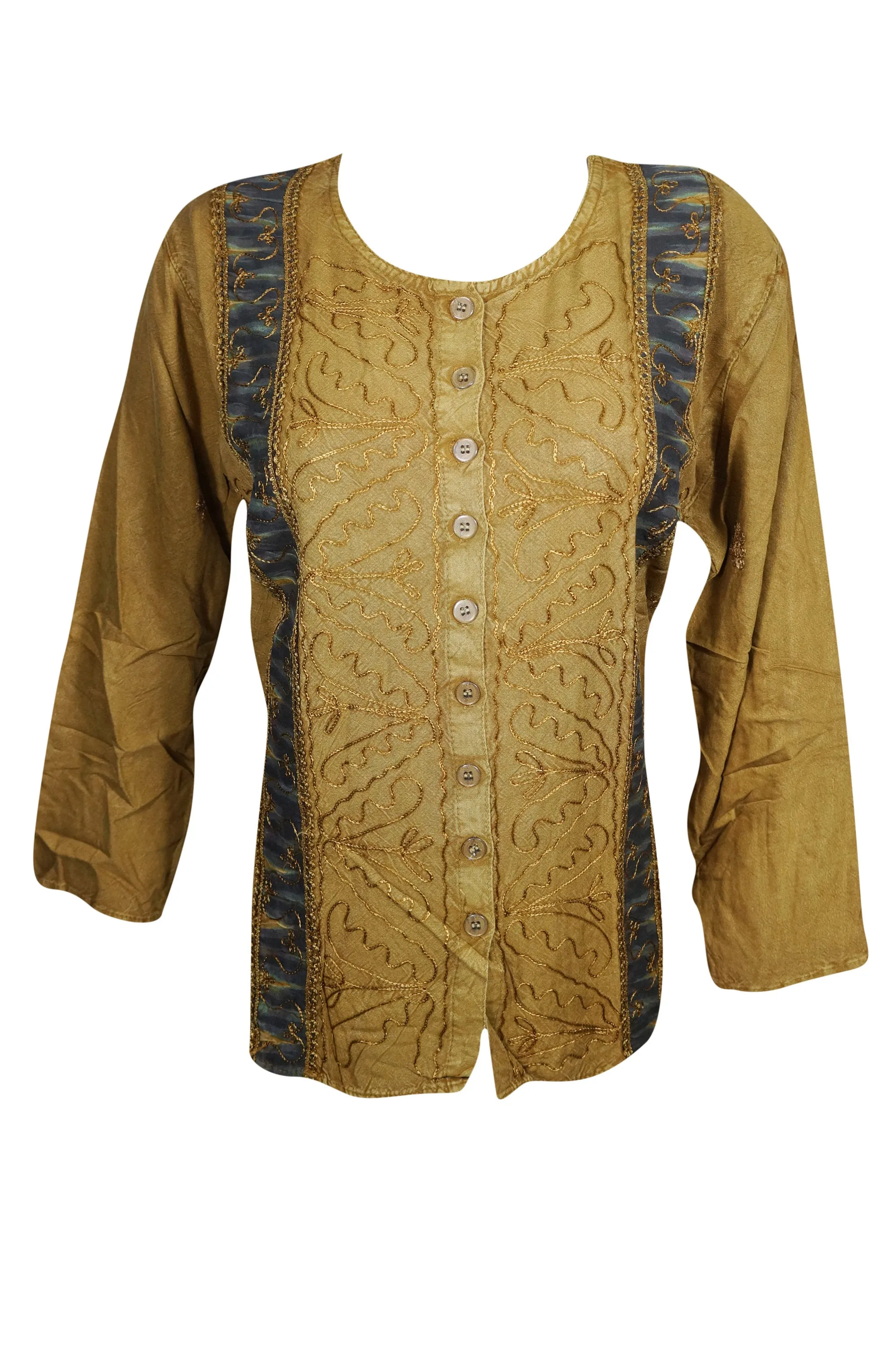 Button Front Long Sleeves Tunic Top Brown Embroidered Boho M