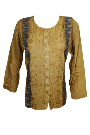 Button Front Long Sleeves Tunic Top Brown Embroidered Boho M