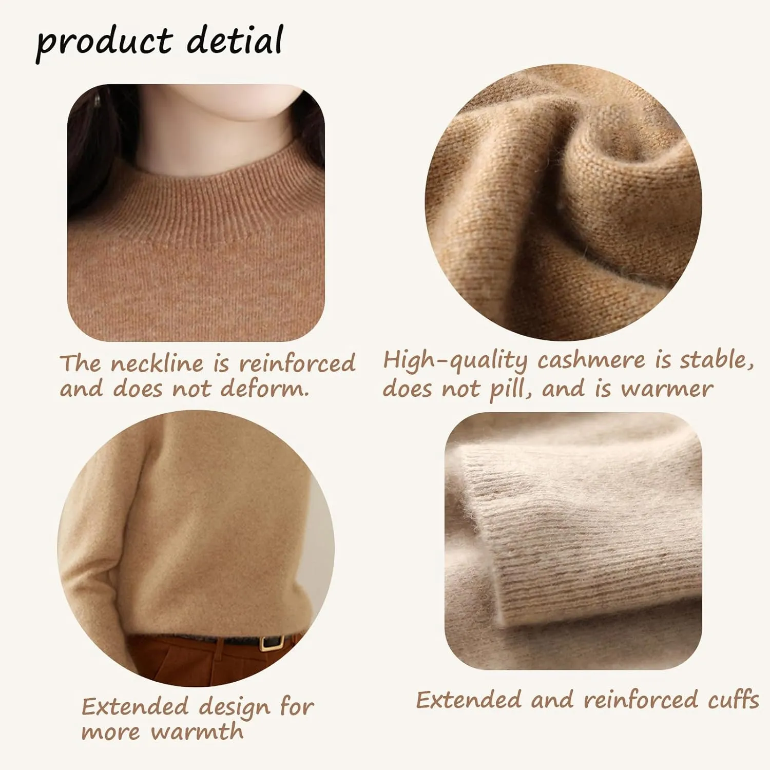 Cashmere Sweaters for Women, 100% Cashmere Half Turtleneck Solid Color Long Sleeve Soft Pullover Sweater