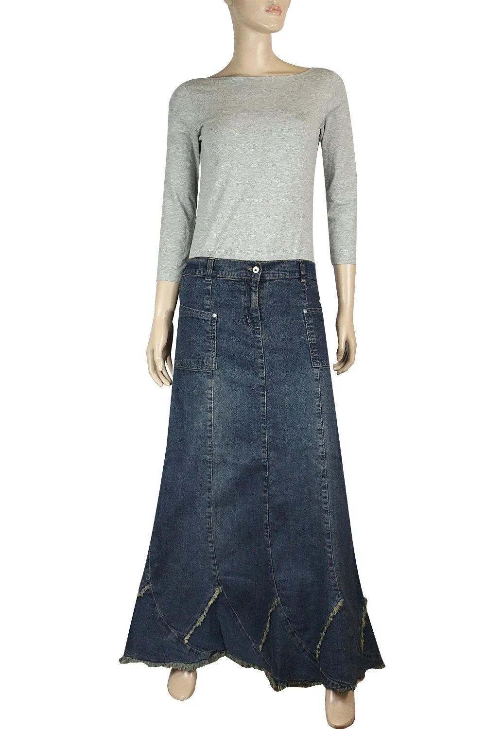 Clove Jeans Ankle Length Frayed Hem A-Line Blue Denim Maxi Skirt Plus Size 12-24