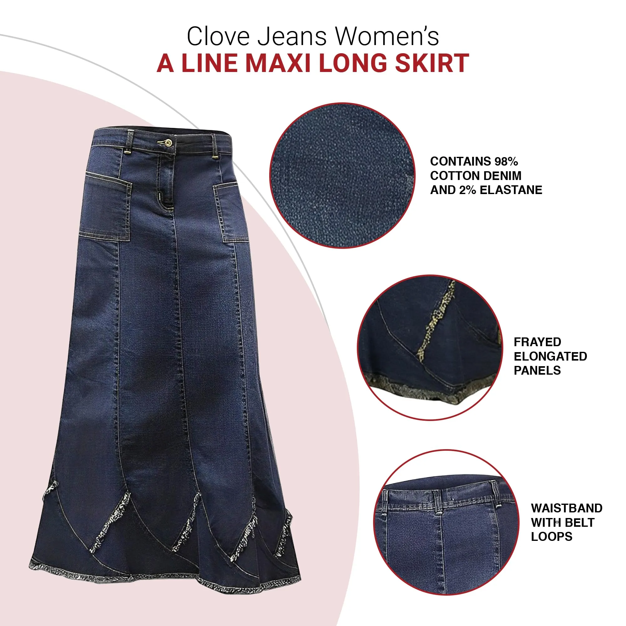 Clove Jeans Ankle Length Frayed Hem A-Line Blue Denim Maxi Skirt Plus Size 12-24