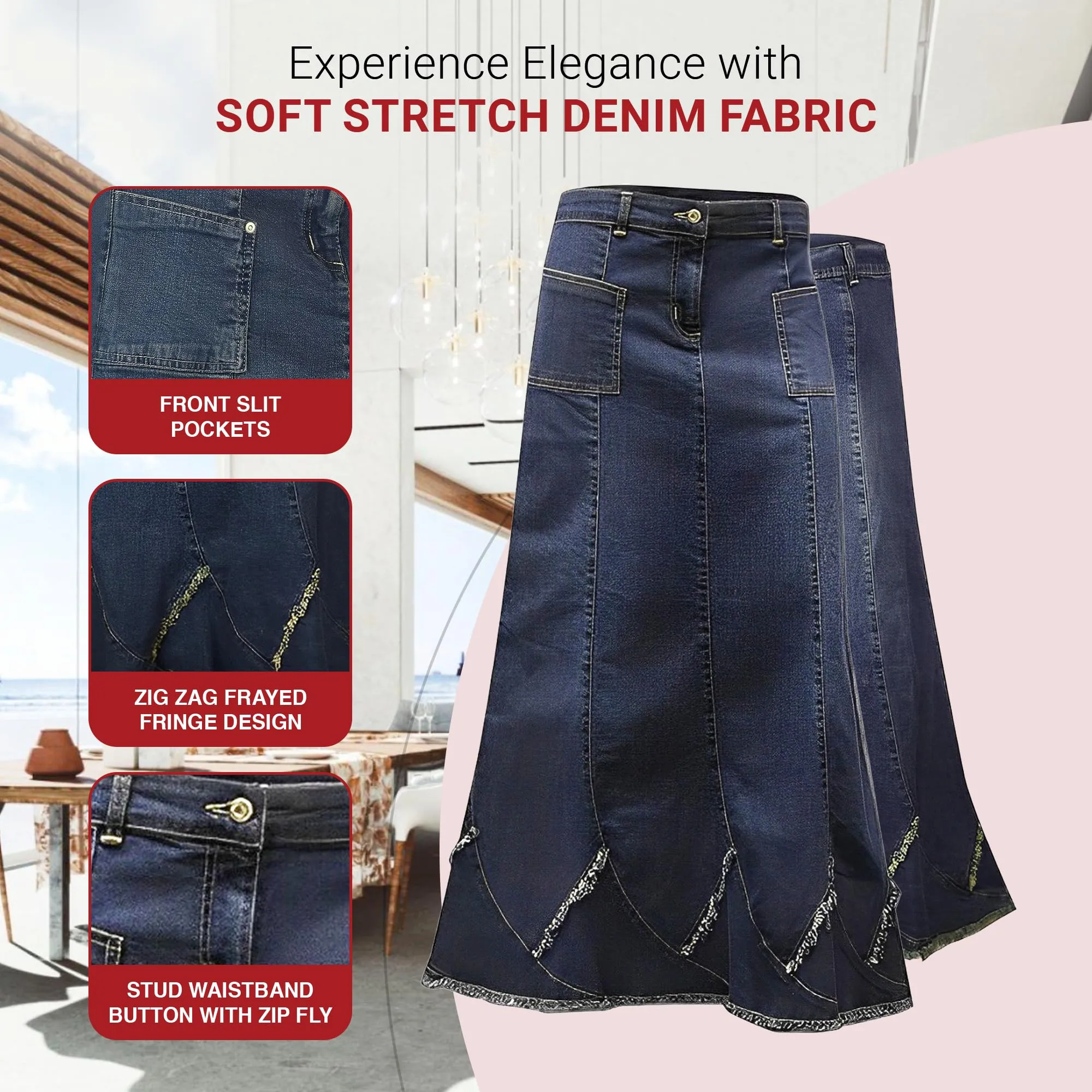 Clove Jeans Ankle Length Frayed Hem A-Line Blue Denim Maxi Skirt Plus Size 12-24