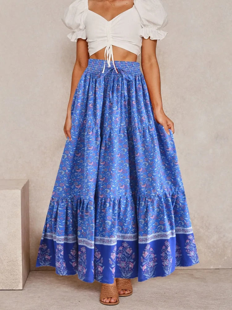 COLETTE Boho Floral Print Elastic High-waisted Maxi Skirt