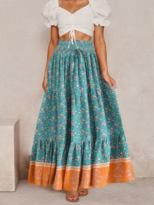 COLETTE Boho Floral Print Elastic High-waisted Maxi Skirt