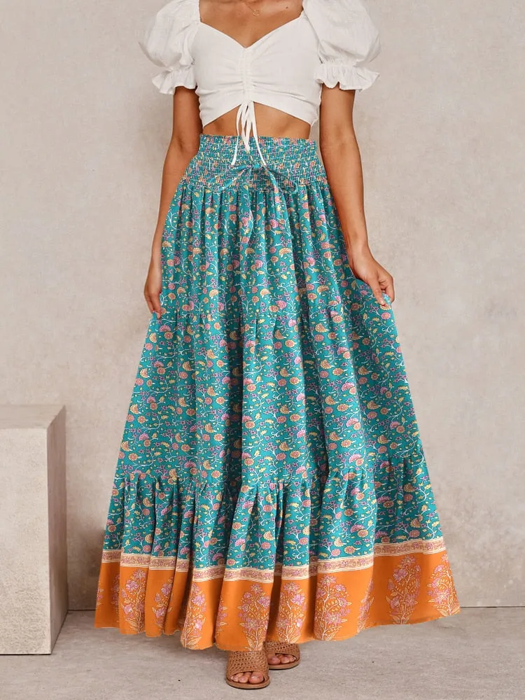 COLETTE Boho Floral Print Elastic High-waisted Maxi Skirt