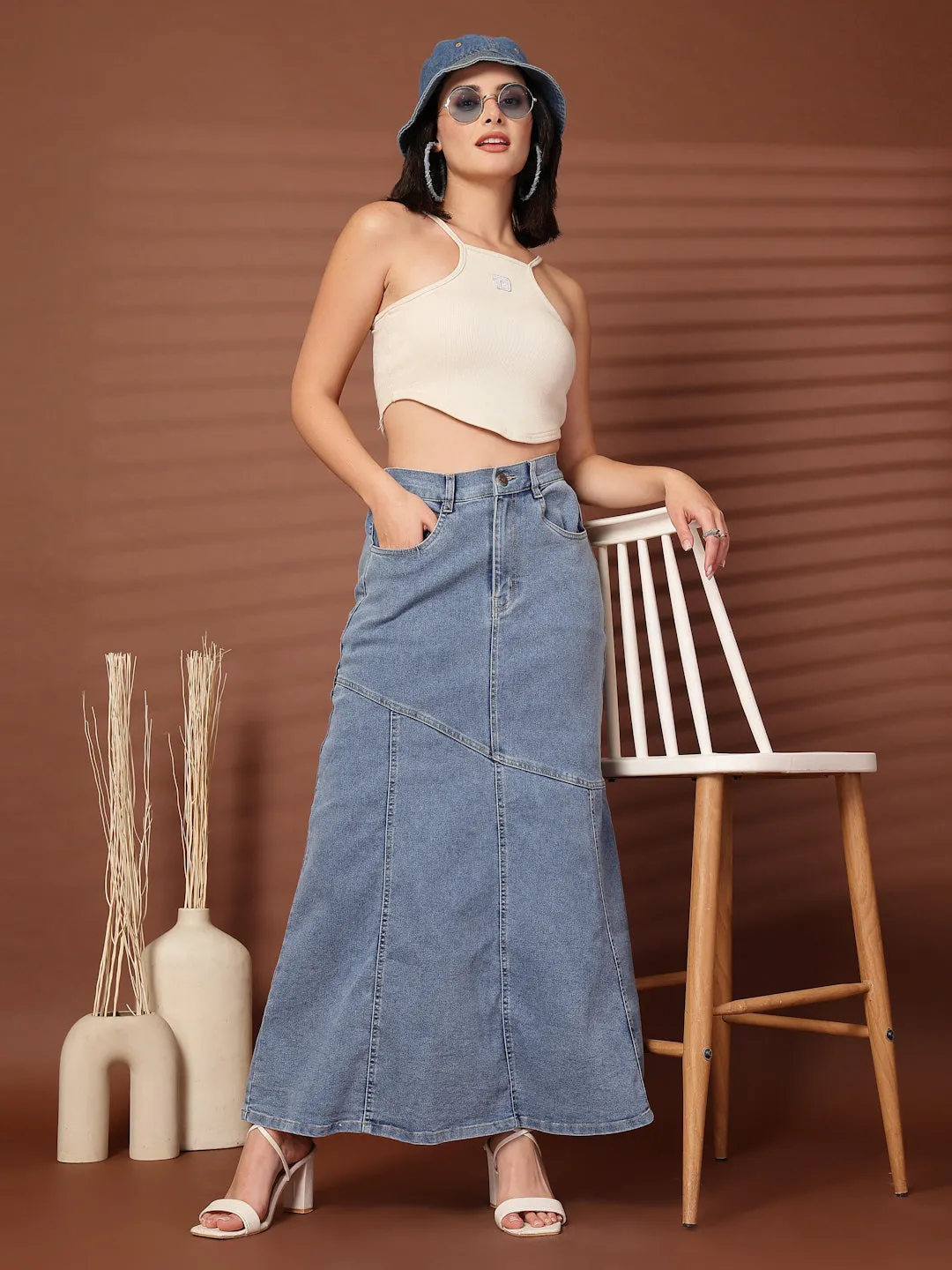 Denim Flared Midi Skirts
