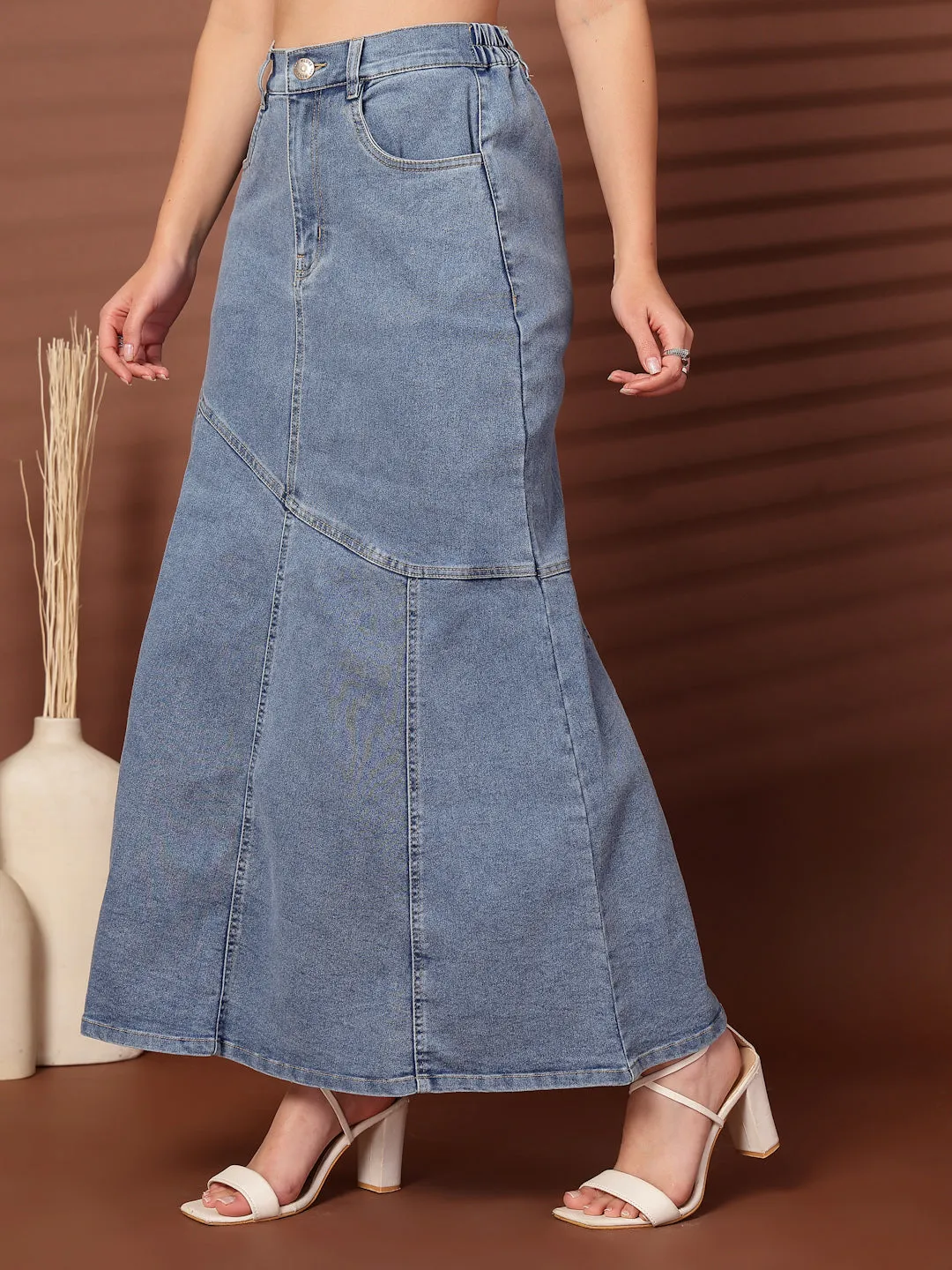 Denim Flared Midi Skirts