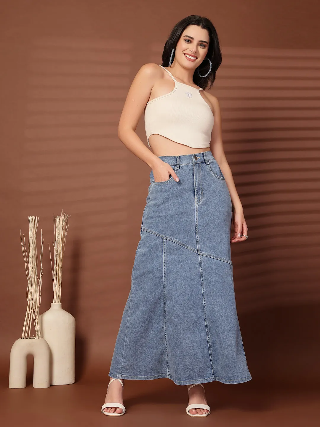Denim Flared Midi Skirts