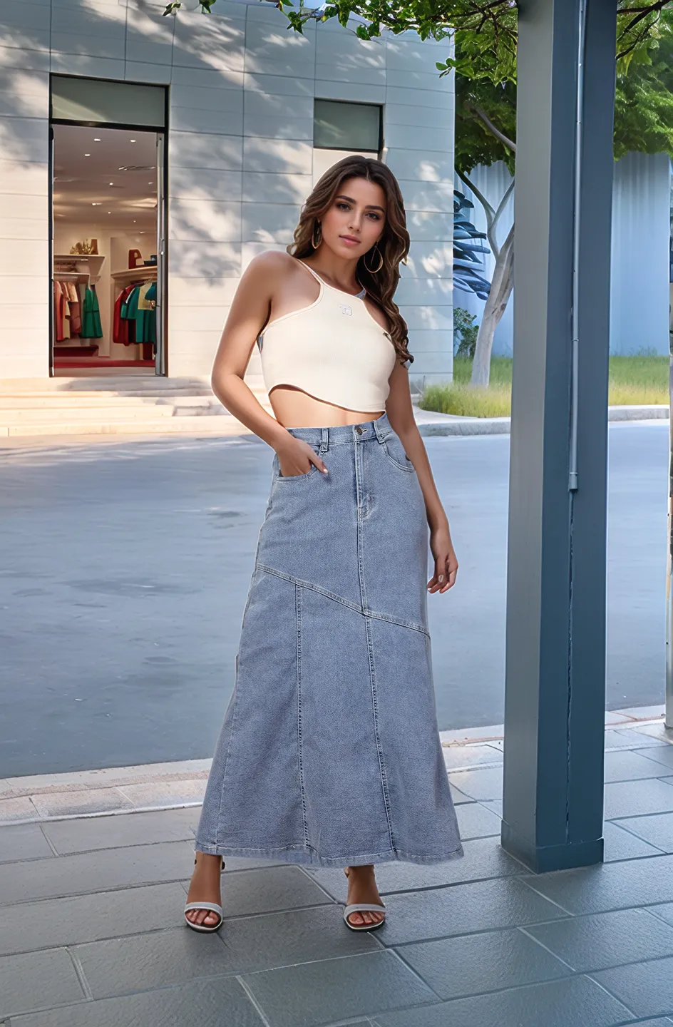 Denim Flared Midi Skirts