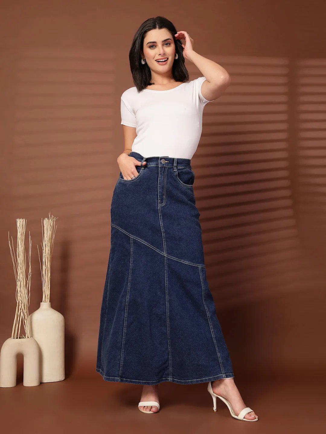 Denim Mermaid Flared Maxi Skirts