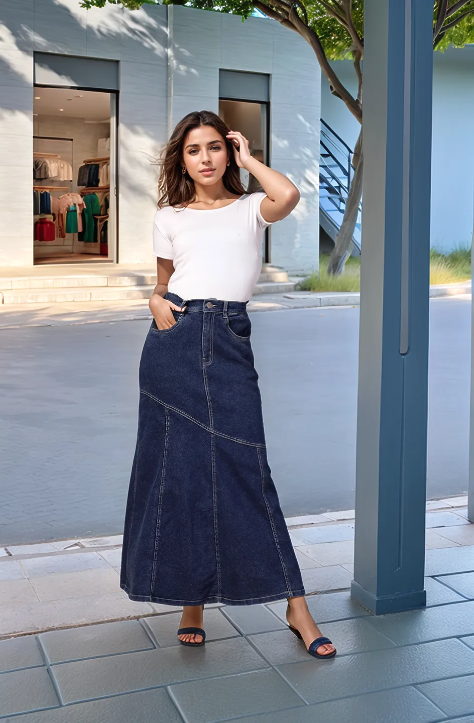 Denim Mermaid Flared Maxi Skirts