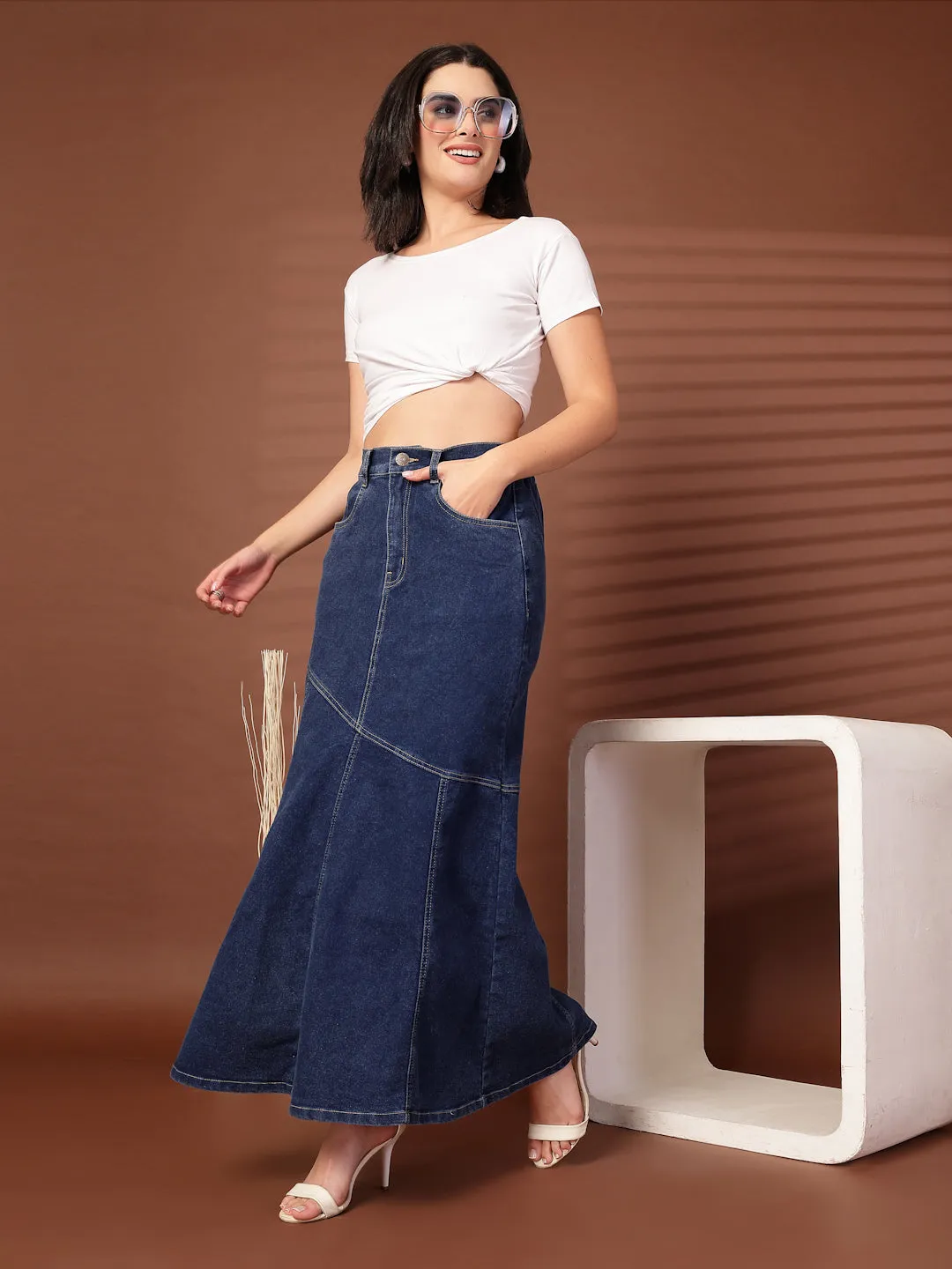 Denim Mermaid Flared Maxi Skirts