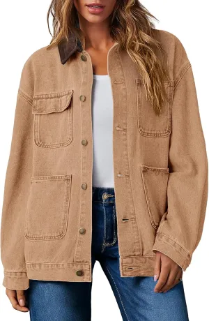Dokotoo Women's Denim Jacket Oversized Contrast Collar Jean Jackets 2025 Spring Outfits Vintage Long Sleeve Shirts