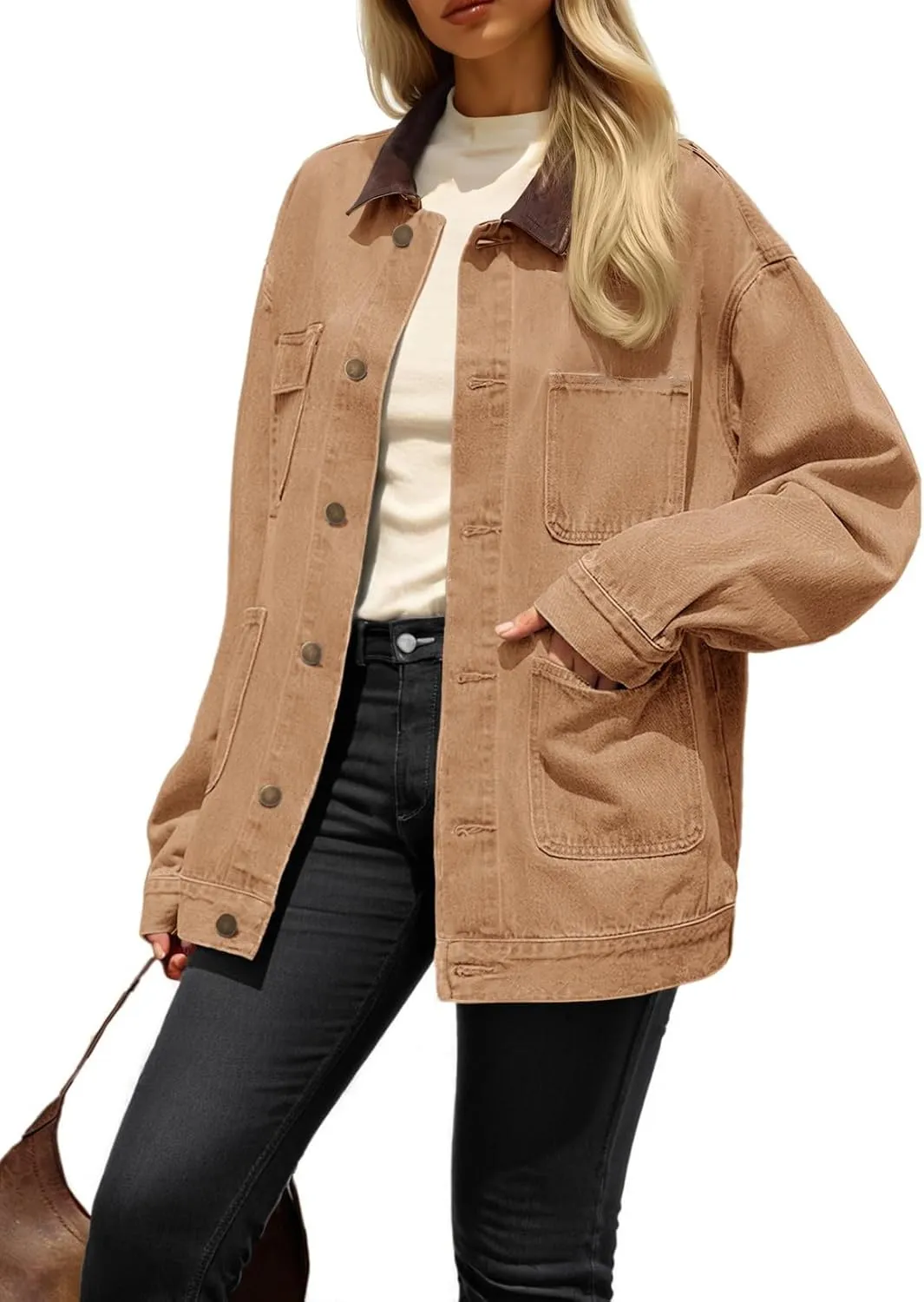 Dokotoo Women's Denim Jacket Oversized Contrast Collar Jean Jackets 2025 Spring Outfits Vintage Long Sleeve Shirts