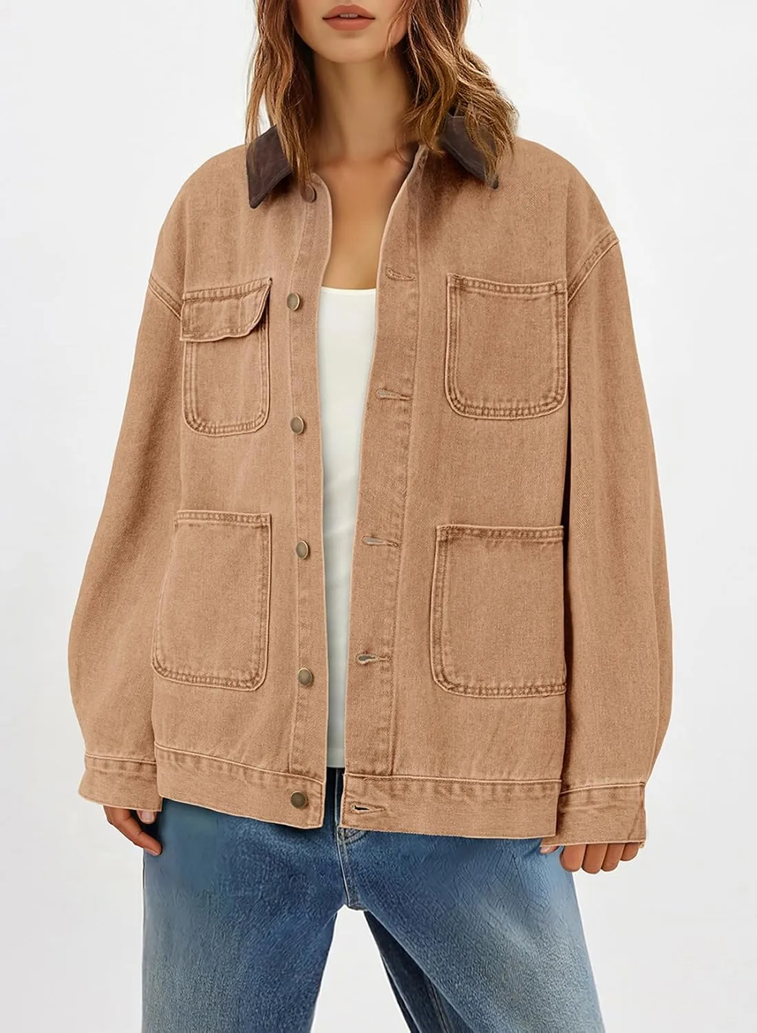 Dokotoo Women's Denim Jacket Oversized Contrast Collar Jean Jackets 2025 Spring Outfits Vintage Long Sleeve Shirts