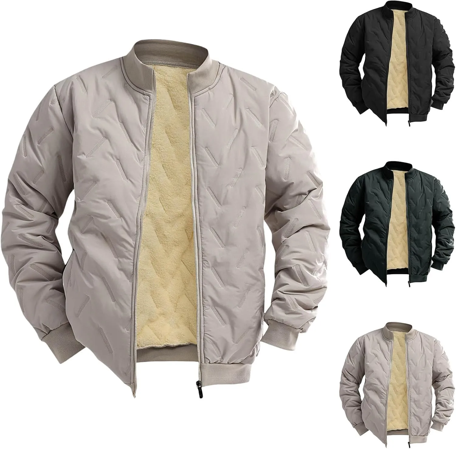 evzosrz Mens Bomber Jackets Fuzzy Fleece Thick Warm Slim Fit Winter Diamond Quilted Rib Varsity Lightweight Coats Sportswear