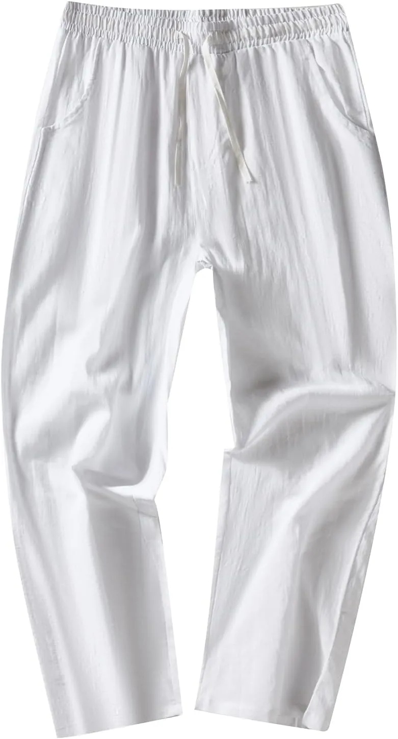 FANARCHER Mens Lightweight Cotton Linen Pants Casual Trousers Drawstring Yoga Beach Pants with Pockets