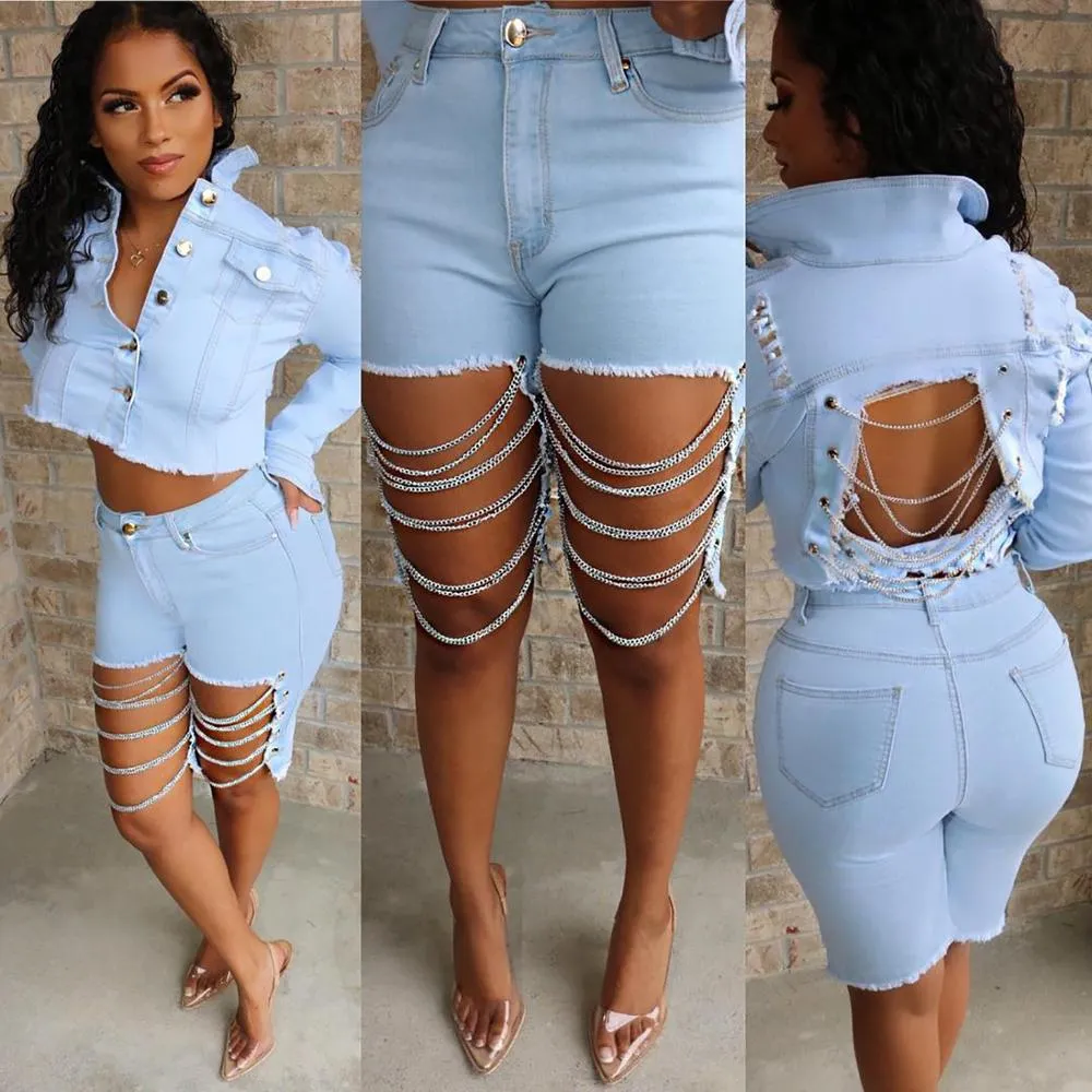 Fashion Hollow Out Chain Knee Length Denim Pants