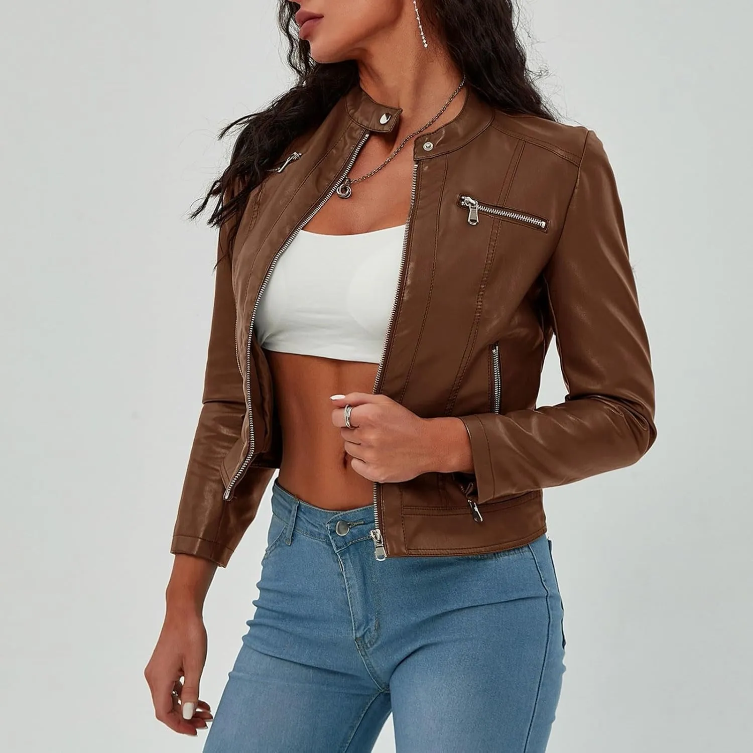 Faux Leather Jackets for Women 2024 Winter Zip Up Motorcycle Short Petite Coats PU Moto Biker Outwear Fitted Slim Coat