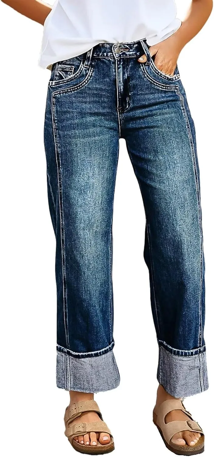 Flamingals Mid Rise Straight Leg Baggy Jeans for Women Plus Size High Stretch Roll Hem Wash Trendy Denim Jeans