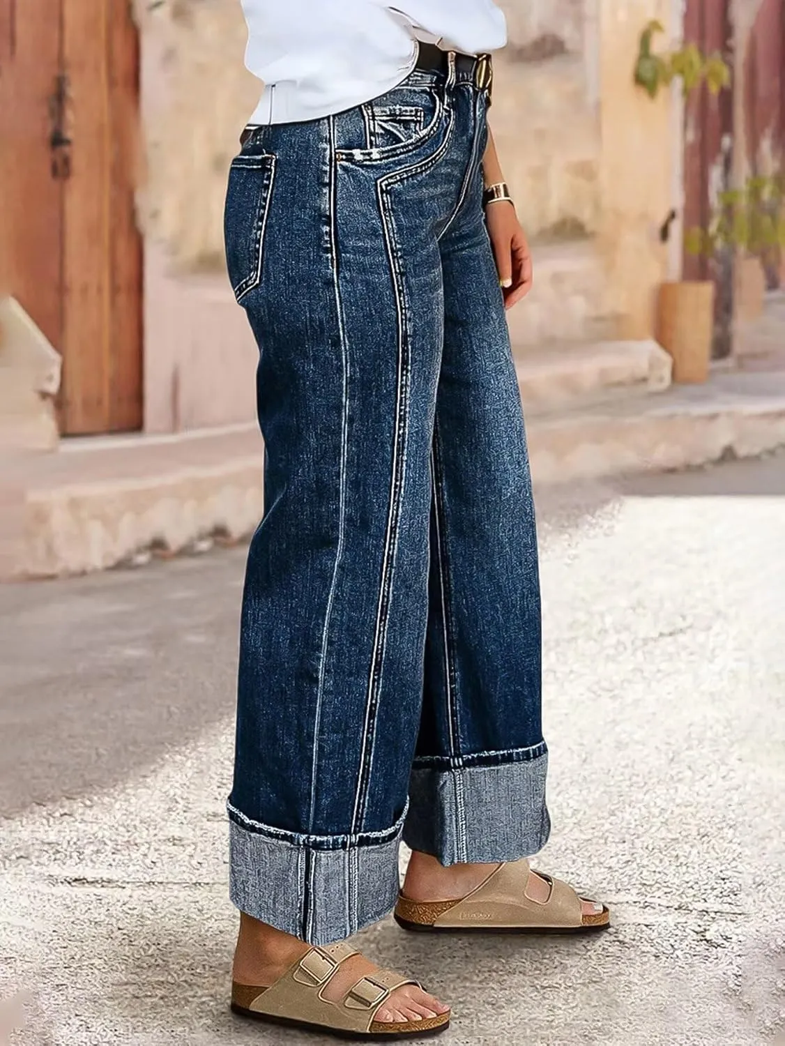 Flamingals Mid Rise Straight Leg Baggy Jeans for Women Plus Size High Stretch Roll Hem Wash Trendy Denim Jeans