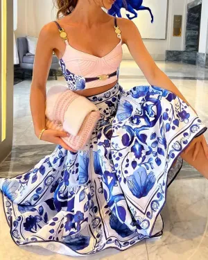 Floral Large Swing Straps Short Tops   A Line Skirts Dress Two Piece Set Women