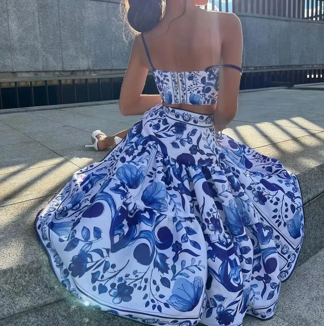 Floral Large Swing Straps Short Tops   A Line Skirts Dress Two Piece Set Women