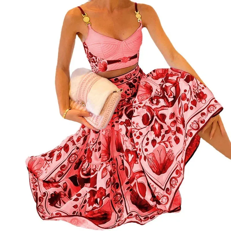 Floral Large Swing Straps Short Tops   A Line Skirts Dress Two Piece Set Women