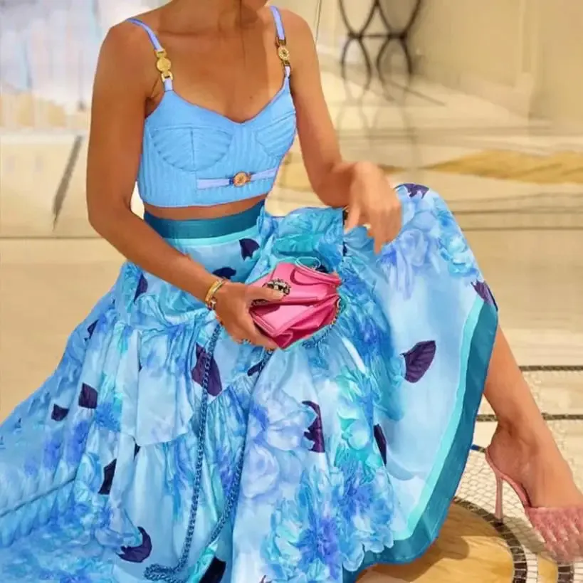 Floral Large Swing Straps Short Tops   A Line Skirts Dress Two Piece Set Women