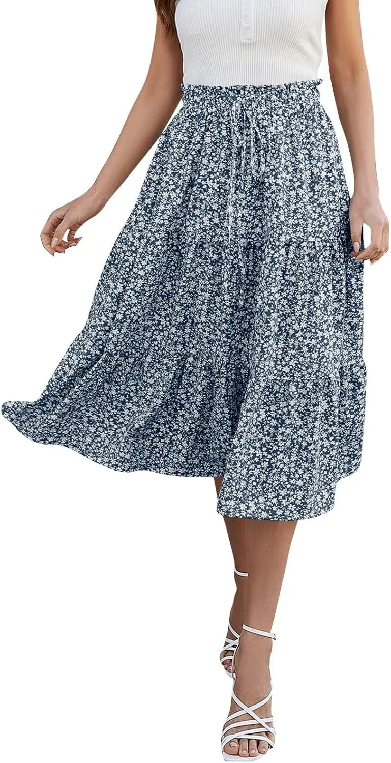 Floral Midi Skirts for Women Casual Swing Tiered A-Line Flowy Long Skirt Loose Comfy Elastic High Waisted Y2k Skirts