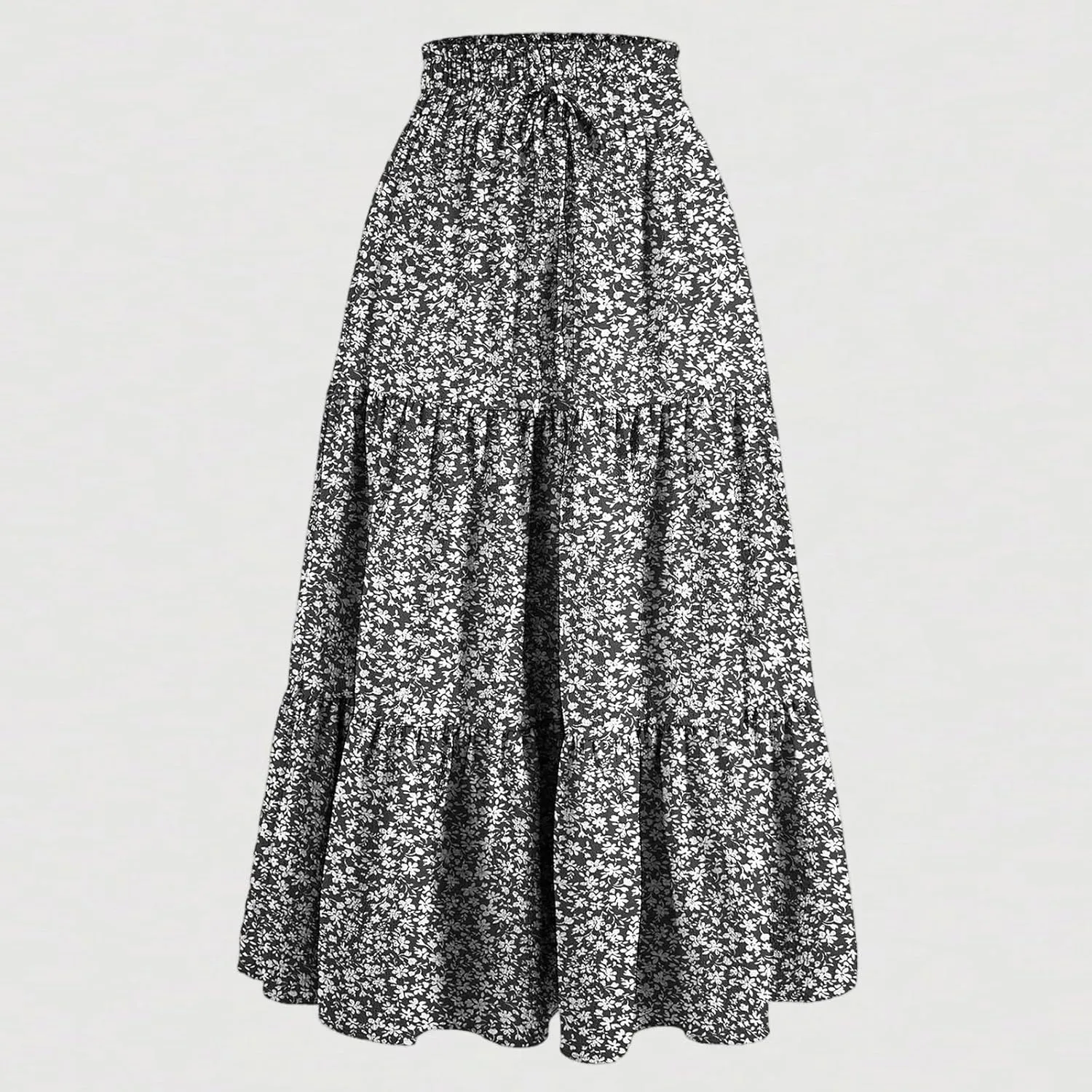 Floral Midi Skirts for Women Casual Swing Tiered A-Line Flowy Long Skirt Loose Comfy Elastic High Waisted Y2k Skirts