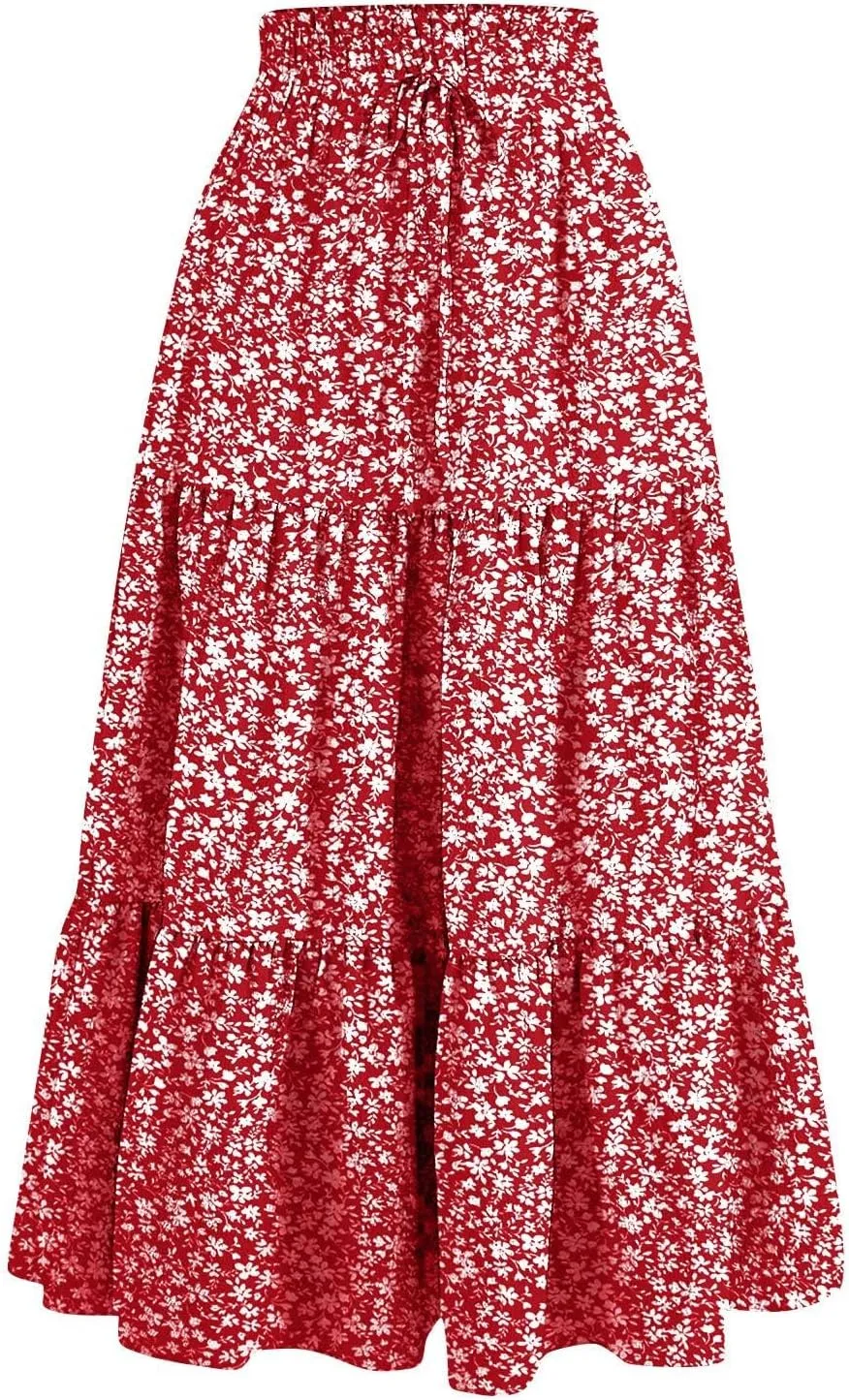 Floral Midi Skirts for Women Casual Swing Tiered A-Line Flowy Long Skirt Loose Comfy Elastic High Waisted Y2k Skirts