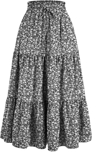 Floral Midi Skirts for Women Casual Swing Tiered A-Line Flowy Long Skirt Loose Comfy Elastic High Waisted Y2k Skirts
