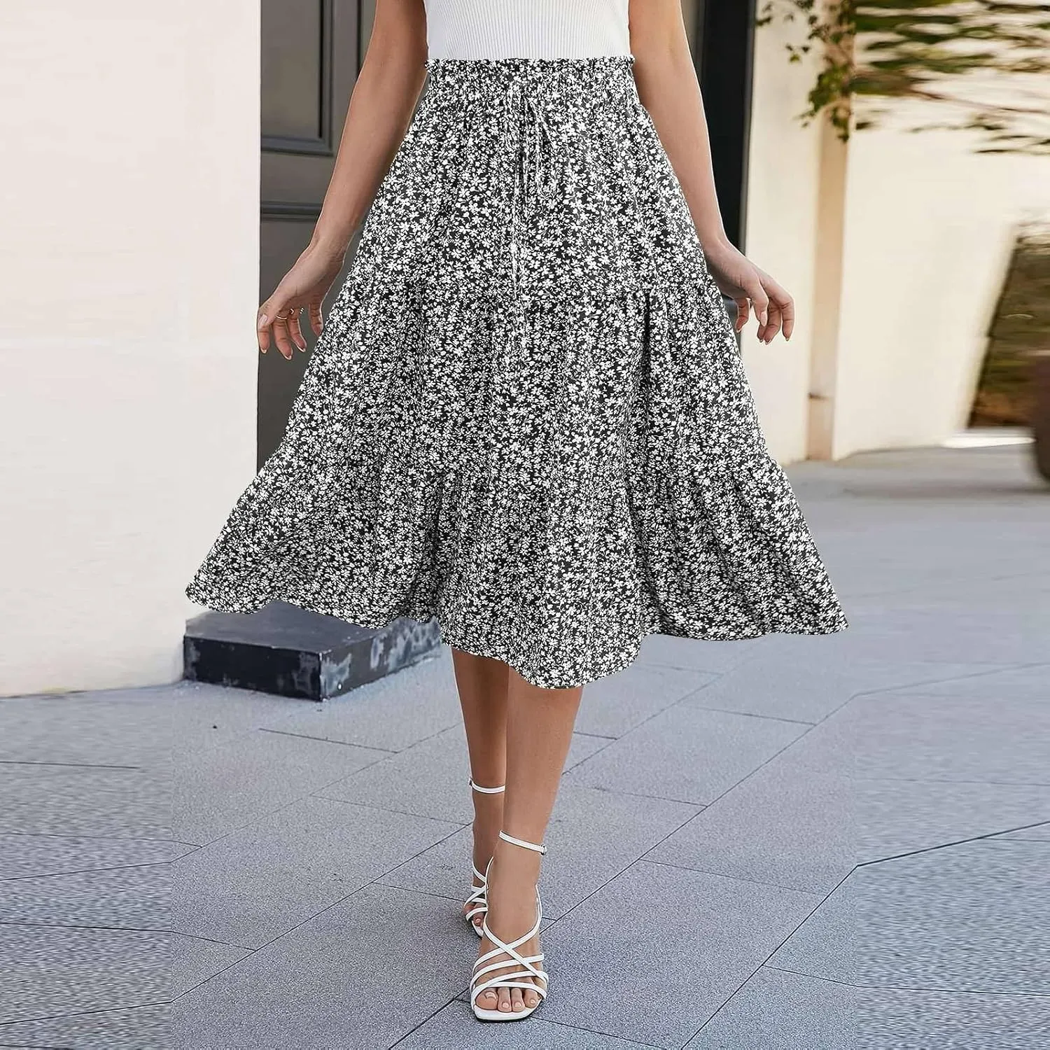 Floral Midi Skirts for Women Casual Swing Tiered A-Line Flowy Long Skirt Loose Comfy Elastic High Waisted Y2k Skirts