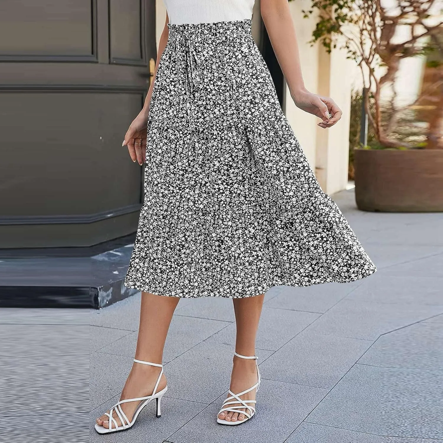 Floral Midi Skirts for Women Casual Swing Tiered A-Line Flowy Long Skirt Loose Comfy Elastic High Waisted Y2k Skirts