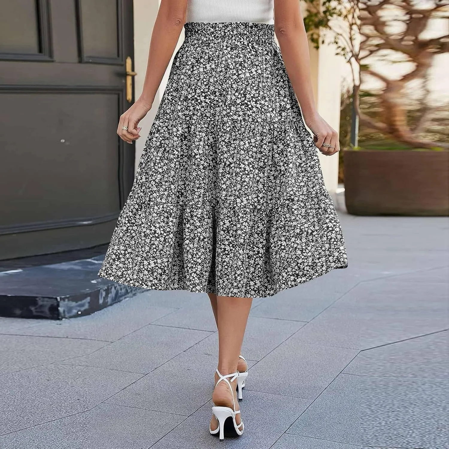 Floral Midi Skirts for Women Casual Swing Tiered A-Line Flowy Long Skirt Loose Comfy Elastic High Waisted Y2k Skirts