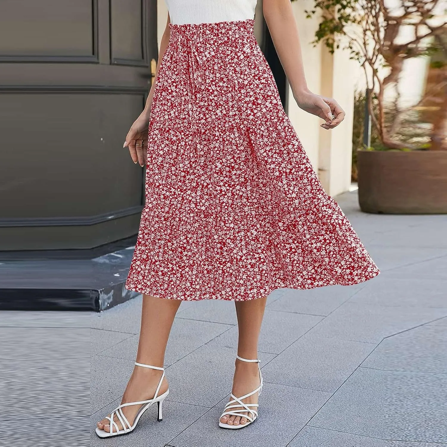 Floral Midi Skirts for Women Casual Swing Tiered A-Line Flowy Long Skirt Loose Comfy Elastic High Waisted Y2k Skirts