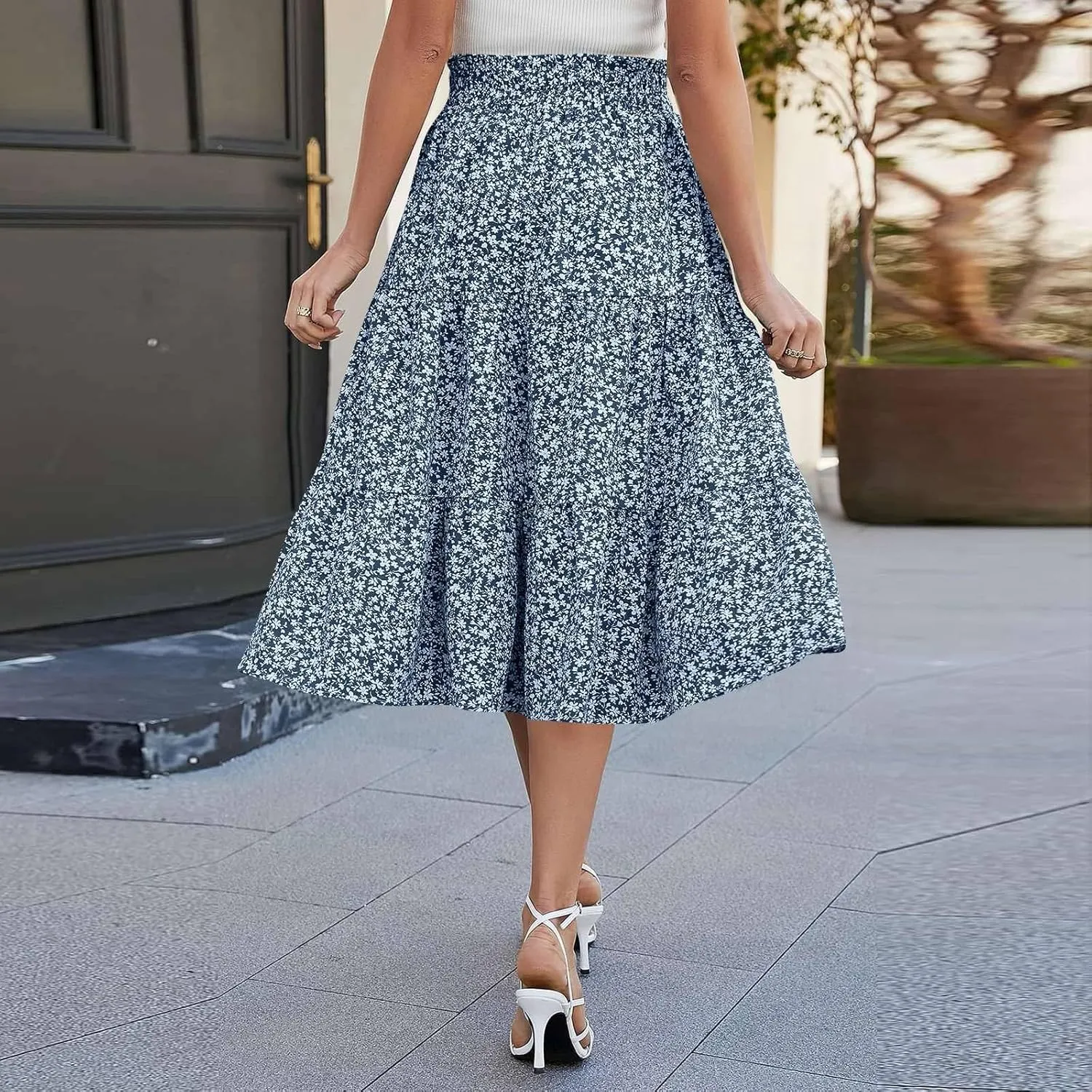 Floral Midi Skirts for Women Casual Swing Tiered A-Line Flowy Long Skirt Loose Comfy Elastic High Waisted Y2k Skirts