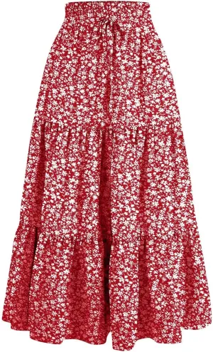 Floral Midi Skirts for Women Casual Swing Tiered A-Line Flowy Long Skirt Loose Comfy Elastic High Waisted Y2k Skirts