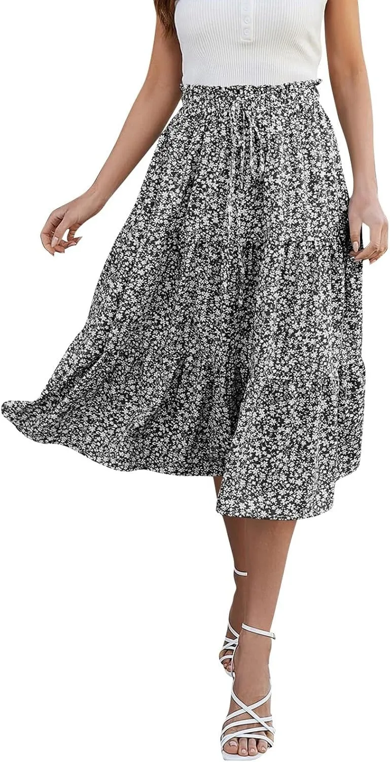 Floral Midi Skirts for Women Casual Swing Tiered A-Line Flowy Long Skirt Loose Comfy Elastic High Waisted Y2k Skirts