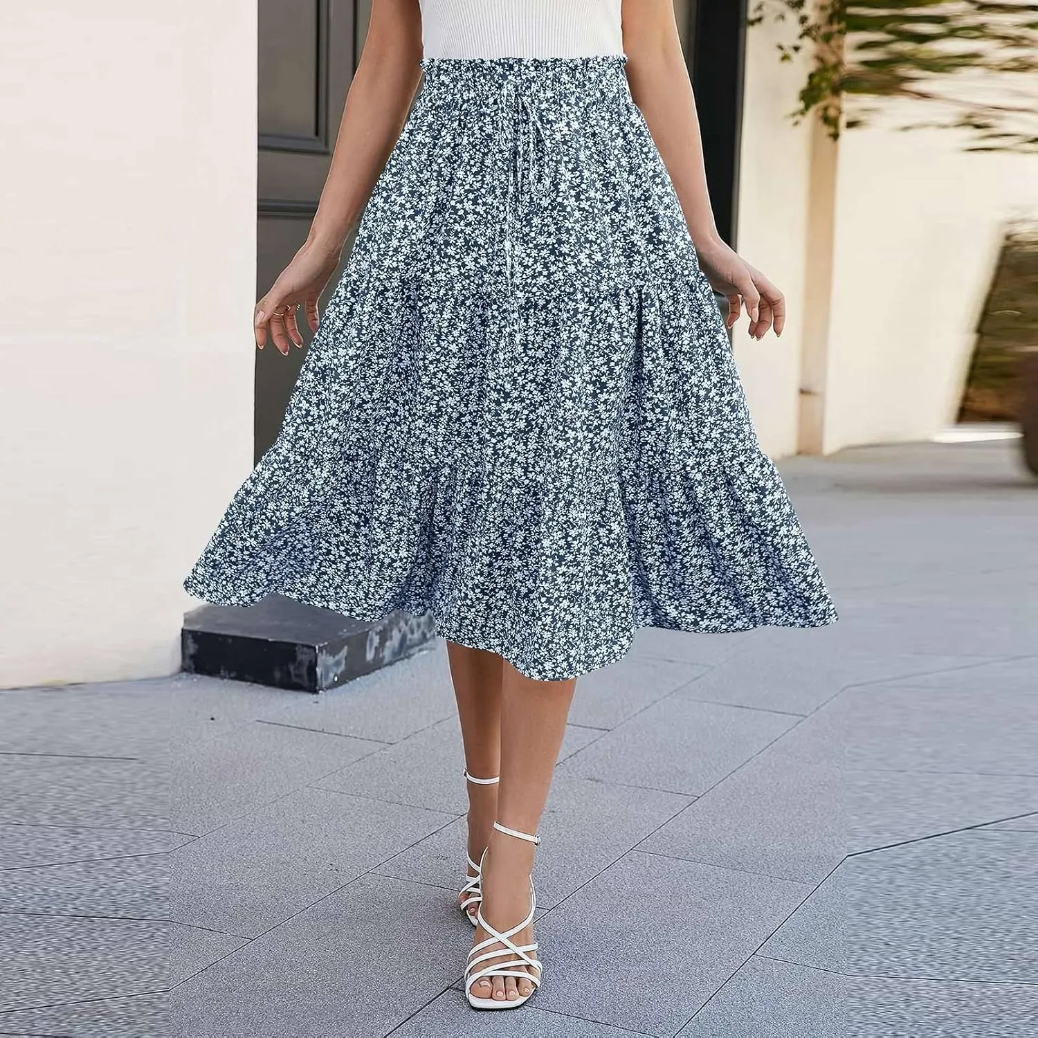 Floral Midi Skirts for Women Casual Swing Tiered A-Line Flowy Long Skirt Loose Comfy Elastic High Waisted Y2k Skirts
